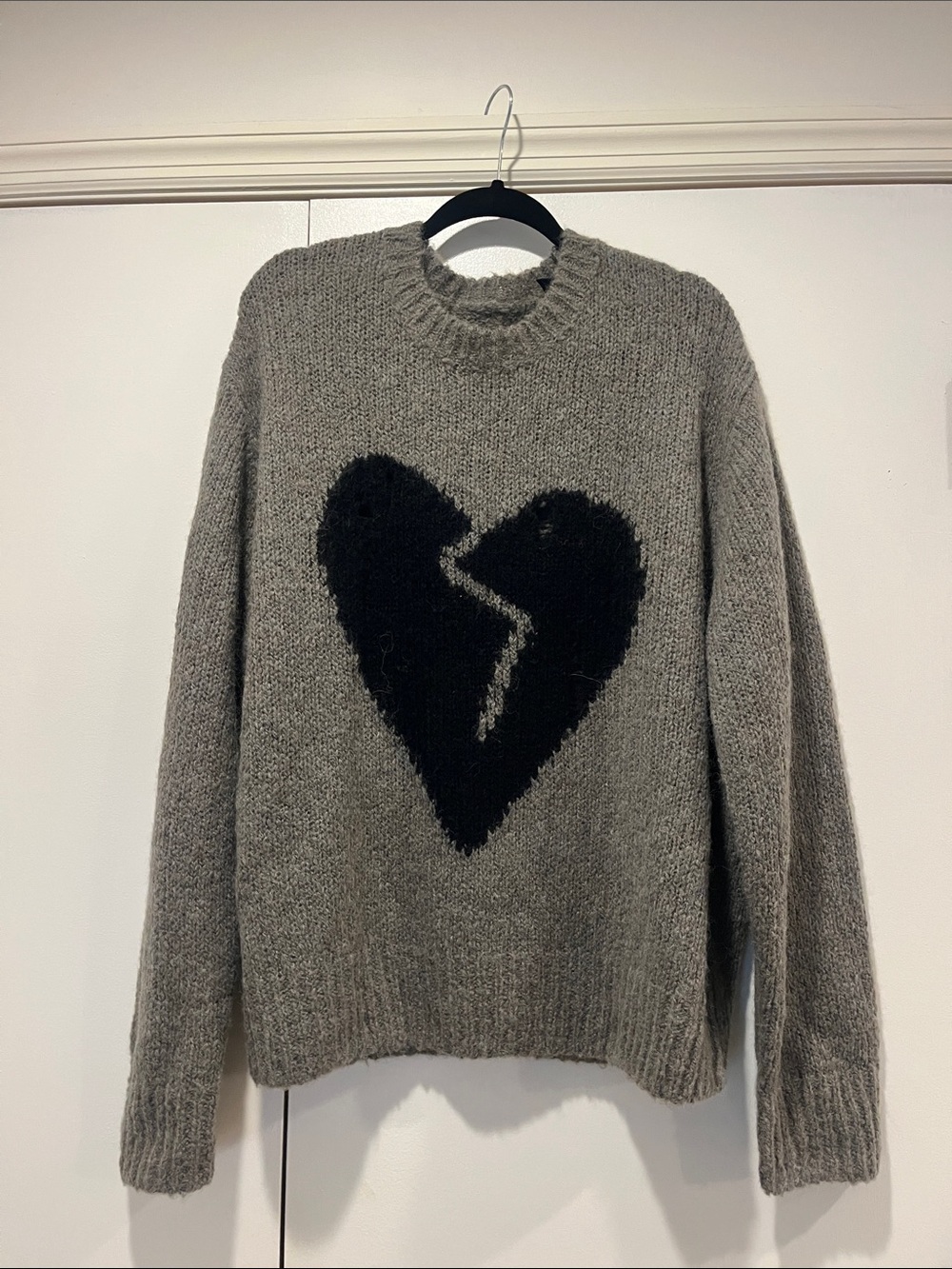 ALL SAINTS Gray Crewneck Sweater with Black Broken Heart